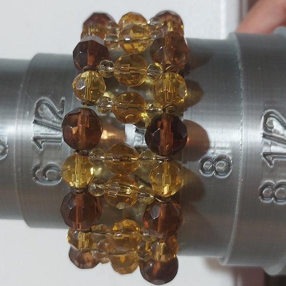 Citrine Cognac And Clear Glass Beads Wide Stretch Bracelet - Picture 3 of 4